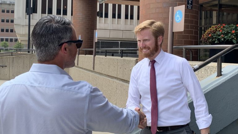 Republican candidate for this 3rd Congressional District in Michigan, Peter Meijer, pressing the flesh outside the Grand Rapids chamber of commerce.