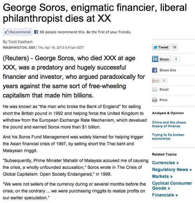 Reuters Accidentally Publishes George Soros’s Obituary