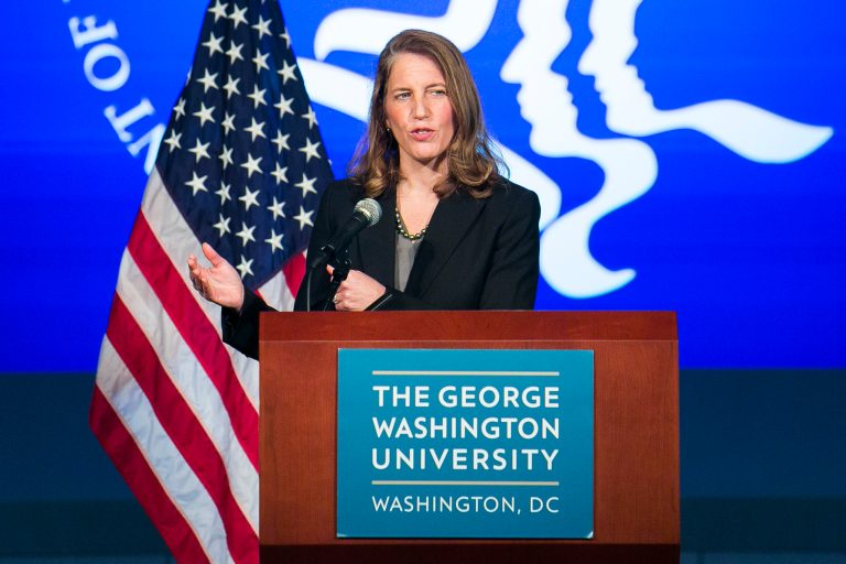 Health and Human Services Secretary Sylvia Mathews delivers remarks to students and staff the George Washington University in Washington, D.C., Monday.