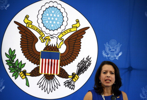 The business manager of the embassy of the United States in Venezuela, Kelly Keiderling, talks during a press conference in Caracas Tuesday. Keiderling assured Tuesday that 