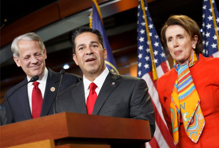 Democratic Congressional Campaign Committee ChairmanÂ Rep. Ben Ray Lujan, D-N.M., center, House Minority Leader Nancy Pelosi, D-Calif., right, and Rep. Steve Israel, D-N.Y., left, during a news conference at the Capitol. (AP Photo)