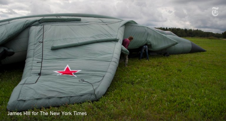 The New York Times tweeted a photo of a fake life-size MIG-31 fighter jet as it slowly inflated in a field outside Moscow. (Twitter)