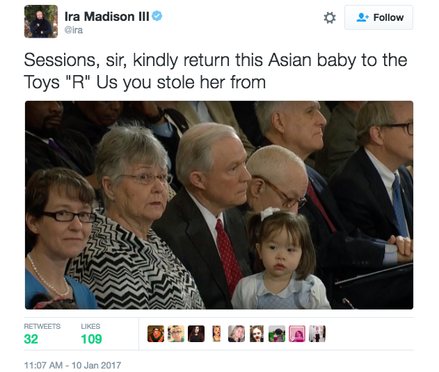 MTV ‘culture writer’: Sessions should ‘return’ Asian granddaughter ‘to Toys ‘R’ Us’