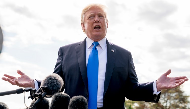 President Donald Trump speaks to reporters before boarding Marine One on the South Lawn of the White House in Washington, Wednesday, Oct. 25, 2017, for a short trip to Andrews Air Force Base, Md. and then on to Dallas. (AP Photo/Andrew Harnik)