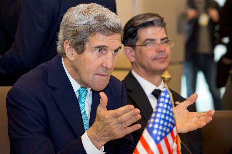 U.S. Secretary of State John Kerry, left, gestures during a meeting of the U.S.-Algeria Strategic Dialogue in Algiers, Algeria Thursday April 3, 2014. (AP Photo/Jacquelyn Martin, Pool)