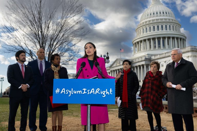 U.S. Representative Alexandria Ocasio-Cortez (D-NY) speaks about border policies outside of the U.S. Capitol in Washington, D.C. on January 26, 2023.