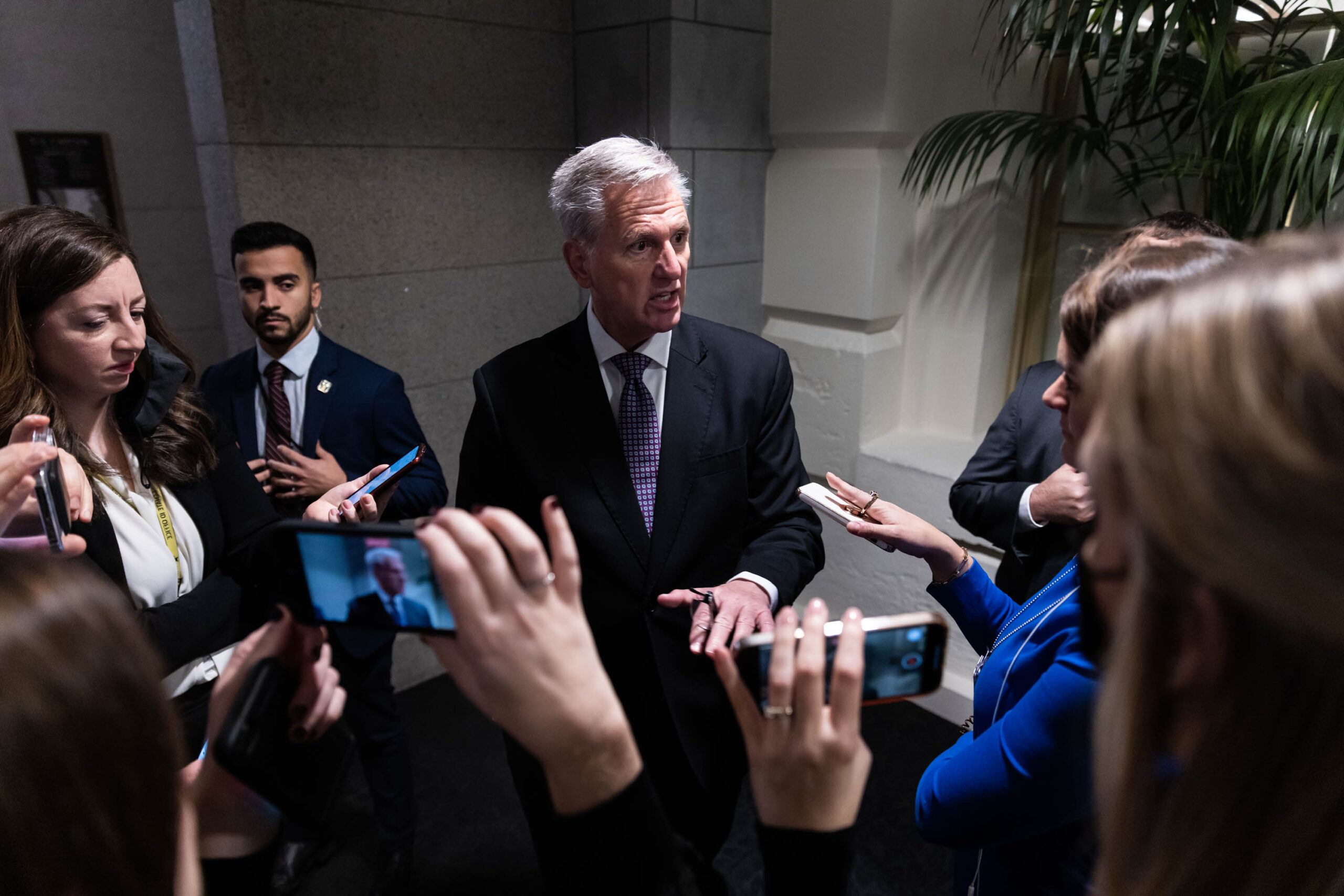 House Speaker Kevin McCarthy (R-CA) takes questions from reporters following a House GOP Caucus meeting on Capitol Hill, Tuesday, January 31, 2023