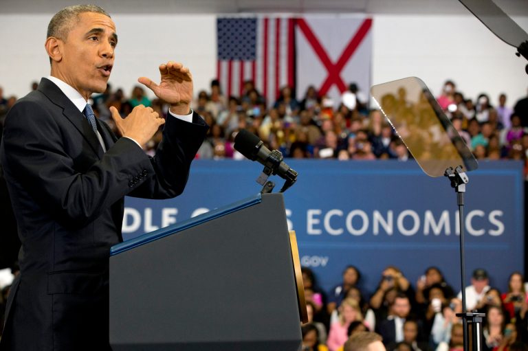 President Barack Obama speaks about the economy and payday lending, Thursday, March 26, 2015, at Lawson State Community College in Birmingham, Ala. (AP Photo)
