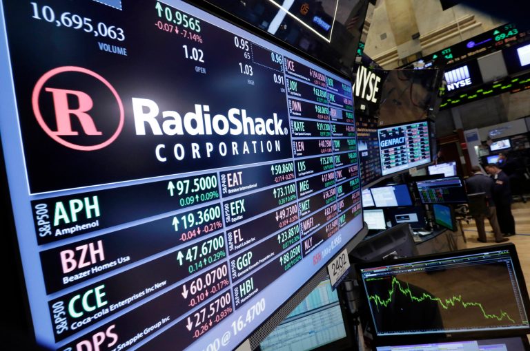 Traders work on the floor of the New York Stock Exchange near the post that handles Radio Shack, Friday, June 20, 2014. RadioShack's stock closed below $1 per share Friday for the first time in its history, reflecting investors' concern over what lies in store for the long-struggling consumer electronics chain.  (AP Photo/Richard Drew)