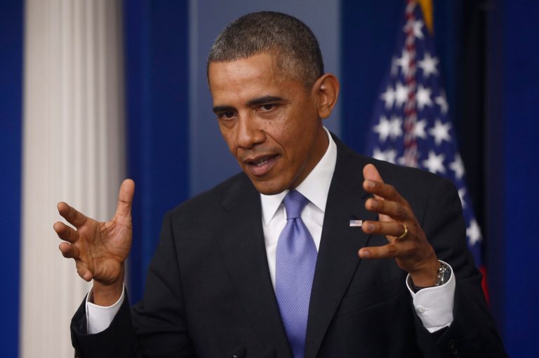 President Barack Obama gestures as he speaks about his signature health care law, Thursday, Nov. 14, 2013, in the Brady Press Briefing Room of the White House in Washington. (AP Photo/Charles Dharapak)