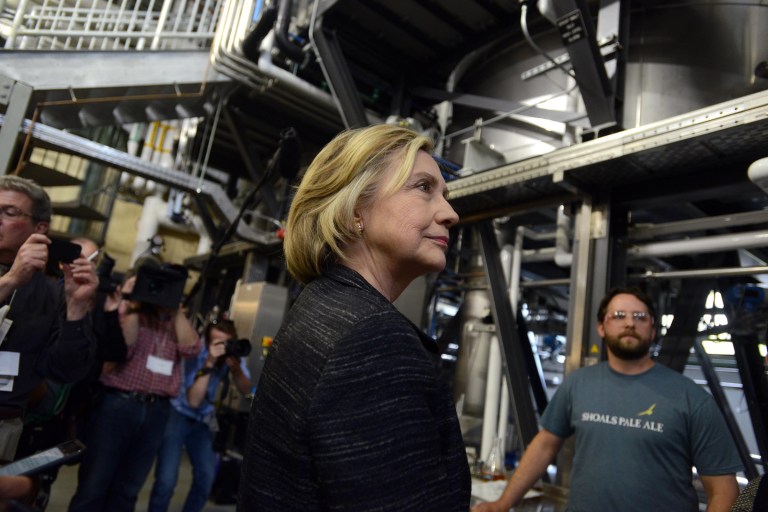 Democratic presidential candidate Hillary Clinton tours the Smuttynose Brewery May 22, 2015 in Hampton, New Hampshire. Clinton has made two trips to New Hampshire since announcing her candidacy on April 12. (Photo by Darren McCollester/Getty Images)