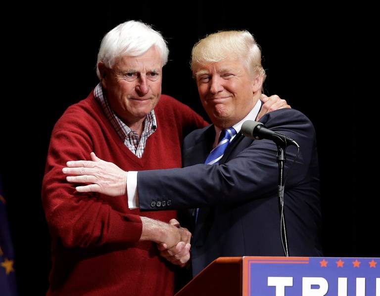 GOP presidential front-runner Donald Trump and former Indiana basketball coach Bob Knight have been campaigning across Indiana. (AP Photo/Darron Cummings)
