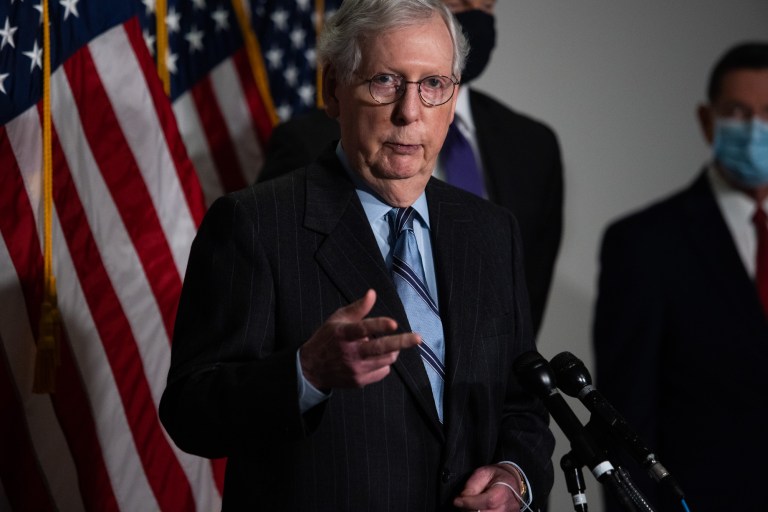 Senator Minority Leader Mitch McConnell, R-KY, speaks to the press following a Senate Republican luncheon on February 2, 2021. 