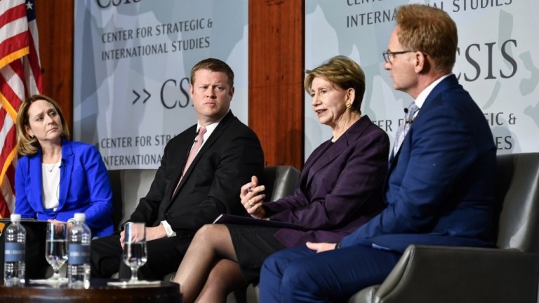 Secretary of the Air Force Barbara Barrett, second from right, delivers remarks during a panel discussion with Army Secretary Ryan McCarthy, second from left, and acting Navy Secretary Thomas Modly, right, hosted by Kathleen Hicks, left, senior vice president of the think tank Center for Strategic and International Studies, at the center in Washington, D.C., Feb. 21, 2020. 