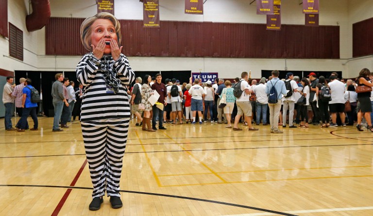 Why are Twitter users misspelling the hashtag #HillaryForPrison as #HillaryForPrision? (AP Photo/Ross D. Franklin)