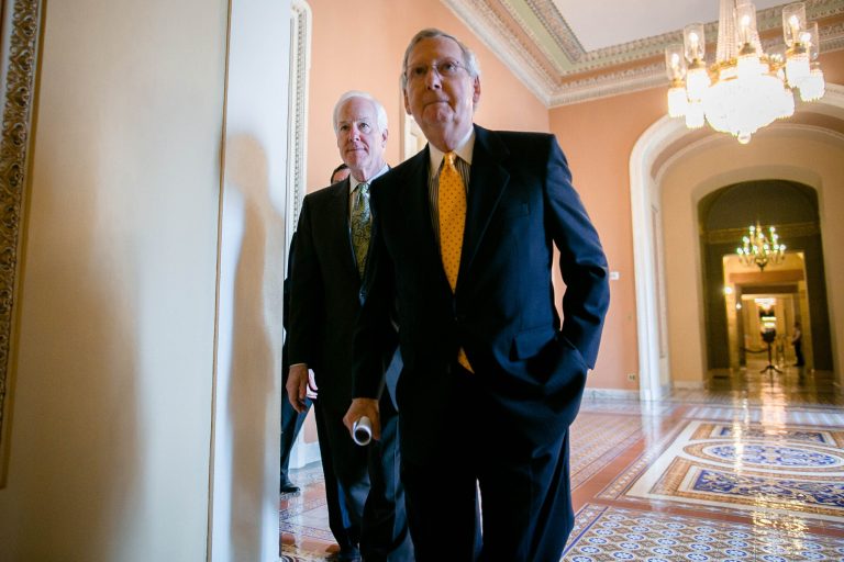 Senate Majority Leader Mitch McConnell, R-KY, followed by Senate Majority Whip, John Cornyn, R-TX, arrive at a press conference on Capitol Hill, Tuesday, July 21. 2015. (Graeme Jennings/Washington Examiner)