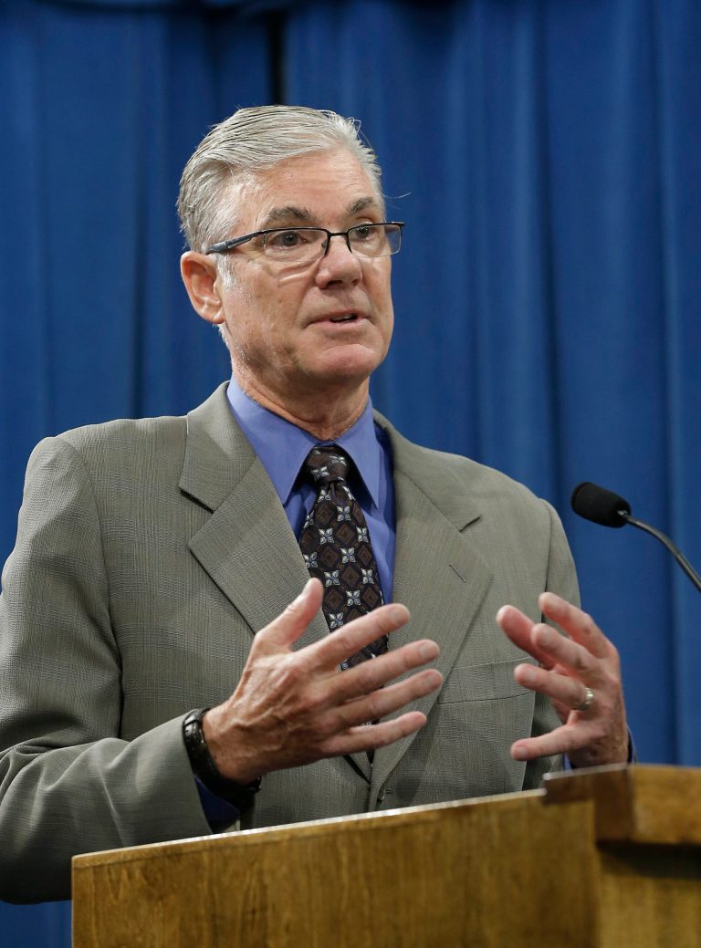 In this photo taken Sept. 11, 2014, Superintendent of Pubic Education Tom Torlakson, who is seeking reelection, is seen at a Capitol news conference in Sacramento, Calif.  Torlakson is being challenged in the November election by Marshall Tuck, a former charter schools executive.(AP Photo/Rich Pedroncelli)