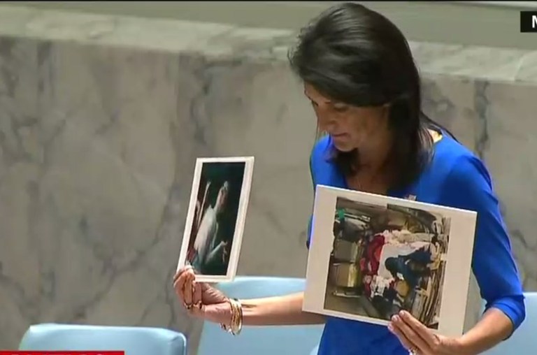 U.S. Ambassador to the United Nations Nikki Haley showed pictures of children killed in a chemical weapons attack in Syria Tuesday, slamming Russia for allowing Bashar Assad to remain in power and kill his own people.