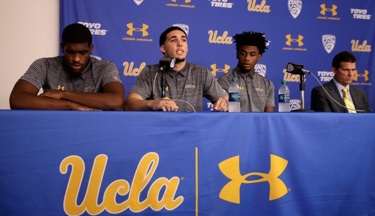 UCLA basketball players Cody Riley, LiAngelo Ball, and Jalen Hill were detained in Hangzhou following allegations of shoplifting last week before an NCAA college basketball game against Georgia Tech in Shanghai. (AP Photo/Jae C. Hong)