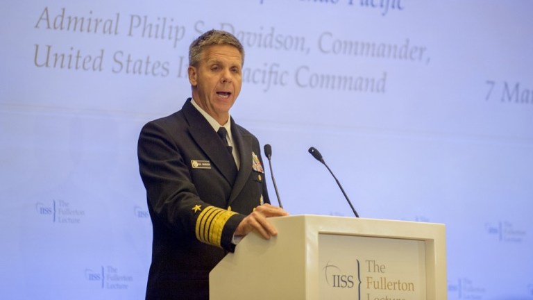 Commander of U.S. Indo-Pacific Command Adm. Phil Davidson gives his remarks and participates in a question and answer session at the Fullerton Lecture Series hosted by the International Institute for Strategic Studies (IISS). 