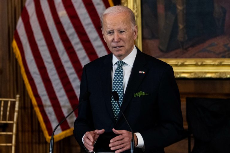 President Joe Biden talks with House Speaker Kevin McCarthy of Calif., during a Friends of Ireland Caucus St. Patrick's Day luncheon at the U.S. Capitol, Friday, March 17, 2023, in Washington. 