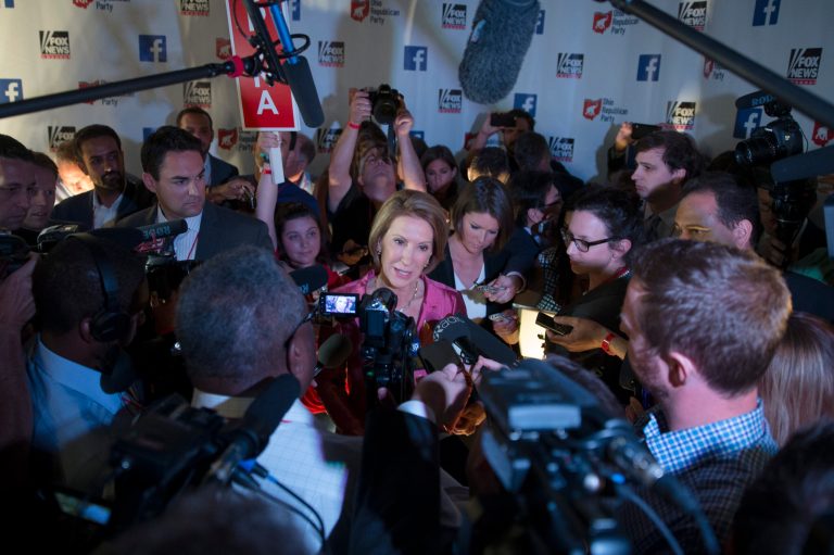 Carly Fiorina faces reporters after Aug. 6th debate. AP photo.Â 