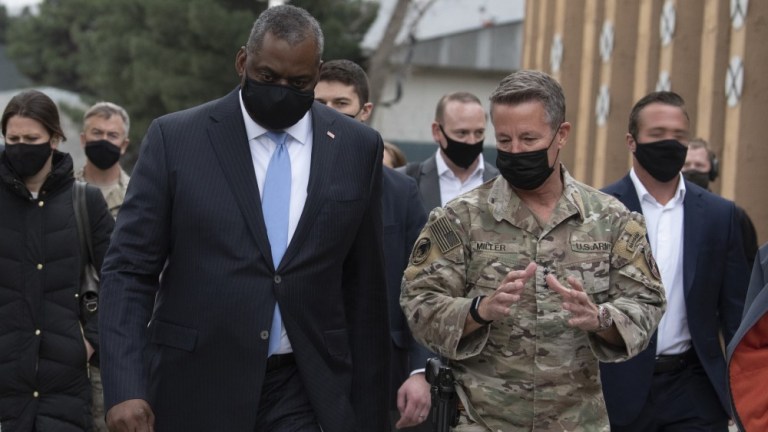 Secretary of Defense Lloyd J. Austin III walks with the commander of NATOâs Resolute Support Mission and U.S. Forces â Afghanistan, Army Gen. Scott Miller, at Resolute Support Headquarters, Kabul, Afghanistan, March 21, 2021. 