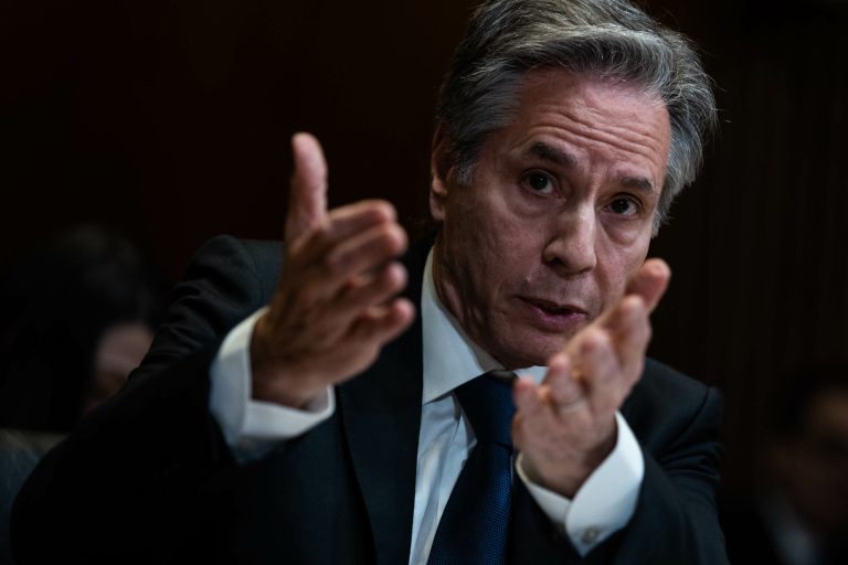 U.S. Secretary of State Antony Blinken testifies on on Capitol Hill March 22, 2023, during a Senate Appropriations State-Foreign Operations Subcommittee hearing on the Biden administration's fiscal 2024 budget request for the State Department.
 