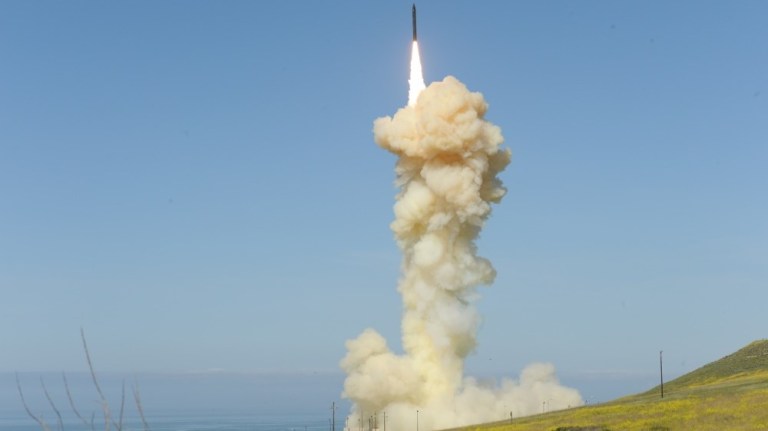 The 'lead' Ground-based Interceptor is launched from Vandenberg Air Force Base, Calif., March 25, 2019, in the first-ever salvo engagement test of a threat-representative ICBM target. The two GBIs successfully intercepted a target launched from the Ronald Reagan Ballistic Missile Defense Test Site on Kwajalein Atoll.