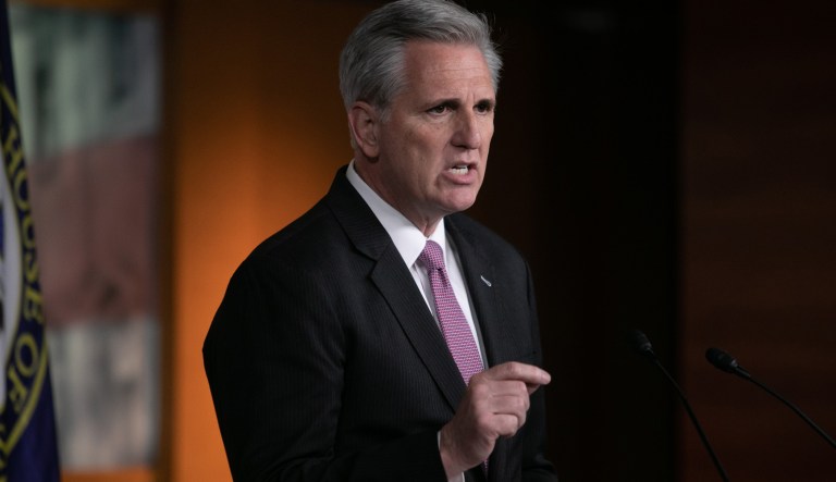 House Minority Leader Kevin McCarthy, R-CA, speaks at her weekly press conference on Capitol Hill, Thursday, March 28, 2019. McCarthy told reporters that House Intelligence Committee Chairman Adam Schiff needs to step down. 