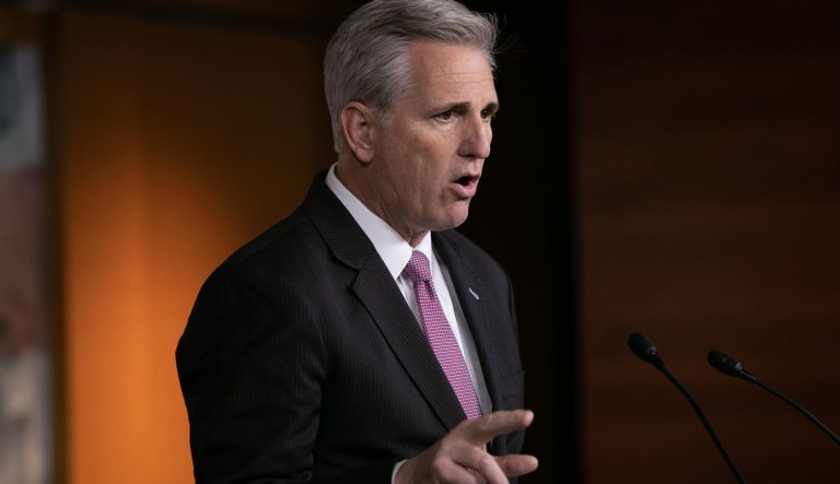 House Minority Leader Kevin McCarthy, R-CA, speaks at her weekly press conference on Capitol Hill, Thursday, March 28, 2019. McCarthy told reporters that House Intelligence Committee Chairman Adam Schiff needs to step down. 