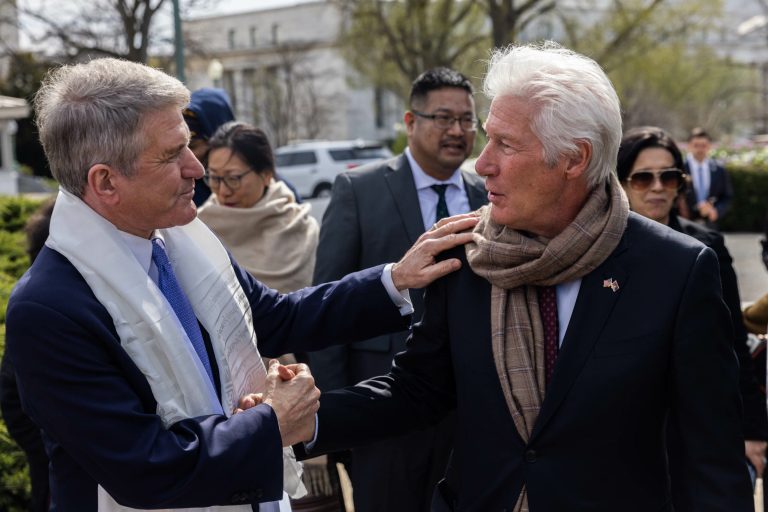 Actor Richard Gere shakes hands with Chairman of the House Foreign Affairs Committee Rep. Michael McCaul (R-TX) before a bipartisan press conference on Tibetan Rights on Capitol Hill, on March 28, 2023, in Washington, DC.