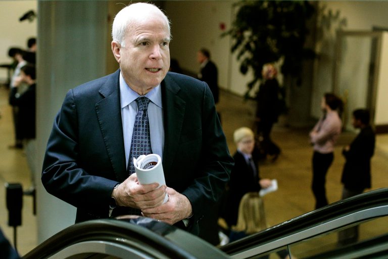 WASHINGTON, DC - MARCH 19: U.S. Sen. John McCain (R-AZ), talks with reporters on his way to the weekly Senate Republicans policy luncheon on March 19, 2013 in Washington, DC. (Photo by T.J. Kirkpatrick/Getty Images)