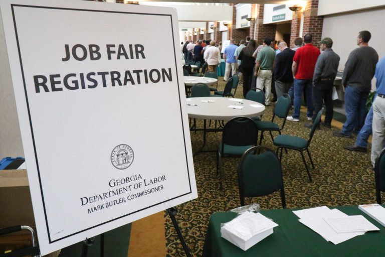 A crowd gathers for a huge 15-county job fair in Georgia. The Labor Department releases weekly jobless claims on Thursday, June 4, 2015. (Dan Henry/Chattanooga Times Free Press via AP)