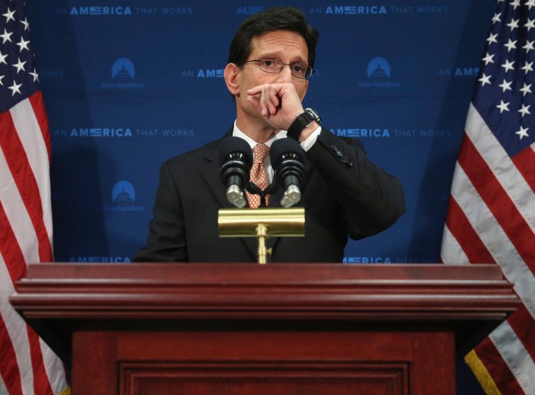 House Majority Leader Eric Cantor talks to the media about his defeat Tuesday to Tea Party challenger Dave Brat. (Mark Wilson/Getty Images)
