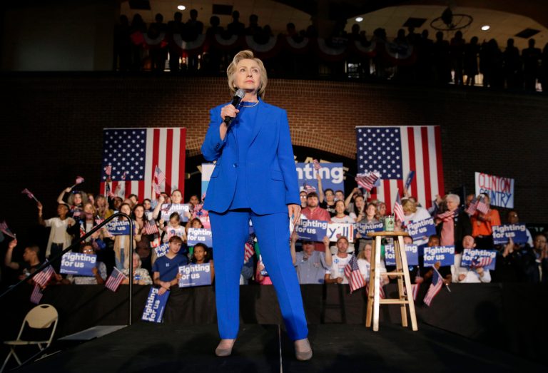 Democratic presidential candidate Hillary Clinton speaks during a rally at Louisville Slugger Field's Hall of Fame Pavilion in Louisville, Ky., Tuesday, May 10, 2016. (AP Photo/Patrick Semansky)