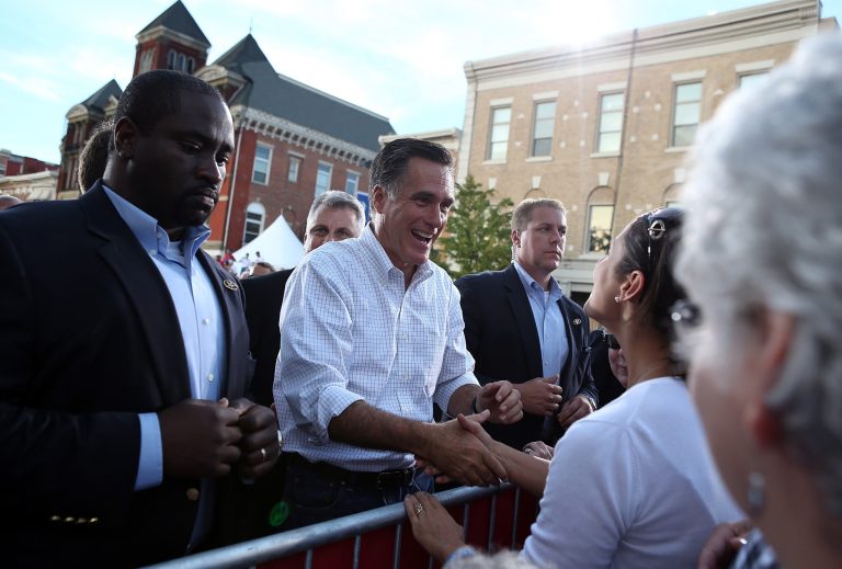 CHILLICOTHE, OH - AUGUST 14:  Republican presidential candidate and former Massachusetts Governor Mitt Romney greets supporters during a campaign rally at Ross County Courthouse on August 14, 2012 in Chillicothe, Ohio. Mitt Romney is wrapping up his multi state bus tour with campaign events in Ohio.  (Photo by Justin Sullivan/Getty Images)