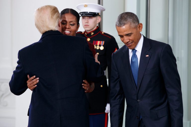 Bettors predict a good chance President Trump could face former first lady Michelle Obama in the 2020 election. Here, former President Barack Obama stands at right asMichelle Obama hugs then President-elect Donald Trump at the White House in Washington, Friday, Jan. 20, 2017. (AP Photo/Evan Vucci)
