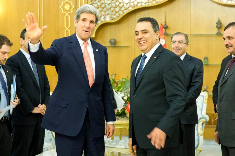 Secretary of State John Kerry, left, meets with Tunisian Prime Minister Mehdi Joma'a at Dar Diafa Palace on Tuesday, Feb. 18, 2014, in Tunis. Kerry is in Tunisia to offer continued American assistance for the North African nation where uprisings that toppled authoritarian leaders around the Arab world ignited  in 2011. (AP Photo/Evan Vucci, Pool)