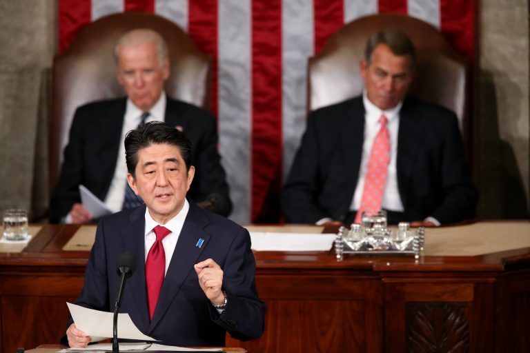 Japanese Prime Minister Shinzo Abe speaks before a joint meeting of Congress on Capitol Hill in Washington, Wednesday, April 29, 2015. (AP Photo/Andrew Harnik)
