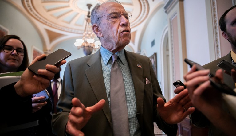 Senator Chuck Grassley, R-IA, takes questions from a reporters outside the Senate chamber on Capitol Hill, Thursday, April 4, 2019.