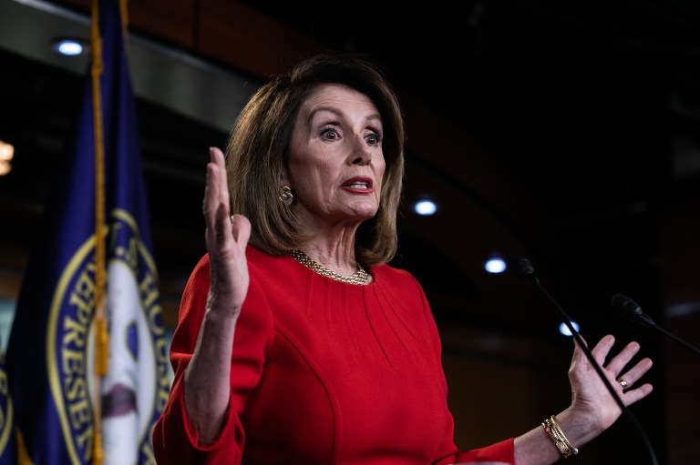 Huse Speaker Nancy Pelosi, D-California, speaks at her weekly press conference on Capitol Hill in Washington.