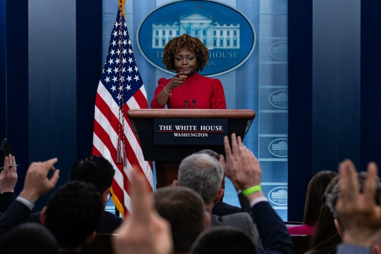 White House press secretary Karine Jean-Pierre takes questions from journalists  during a press briefing at the White House on April 5, 2023, in Washington, D.C. 
