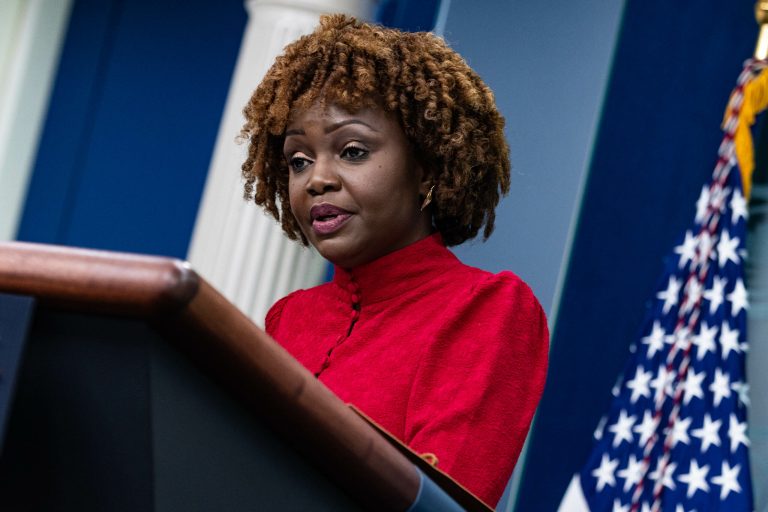 White House press secretary Karine Jean-Pierre takes questions from journalists  during a press briefing at the White House on April 5, 2023, in Washington, D.C. 