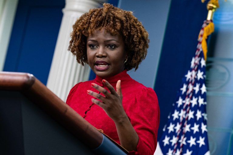 White House press secretary Karine Jean-Pierre takes questions from journalists  during a press briefing at the White House on April 5, 2023, in Washington, D.C. 