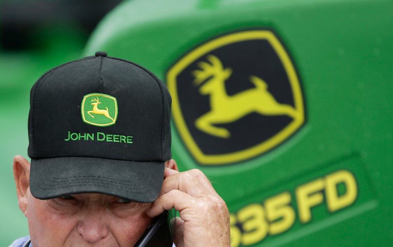 Deere & Company says equipment demand from U.S. farmers is steady despite their concerns about overseas sales lost amid President Trump's global trade war. 