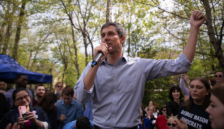 Democratic 2020 presidential candidate Beta O'Rourke speaks at a meet and greet at Tammy Derenak Kaufax's house in Alexandria, Virginia, Wednesday, April 17, 2019.