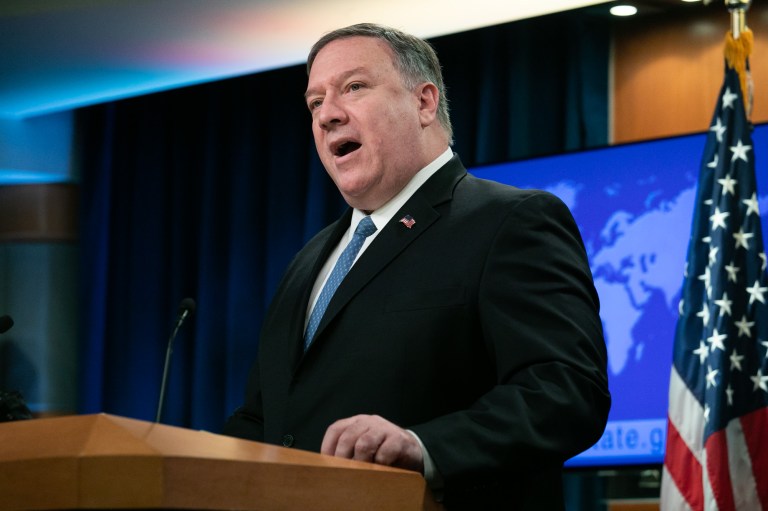 United States Secretary of State Mike Pompeo speaks at a news briefing at the Department of State in Washington D.C., Wednesday, April 17, 2019. 