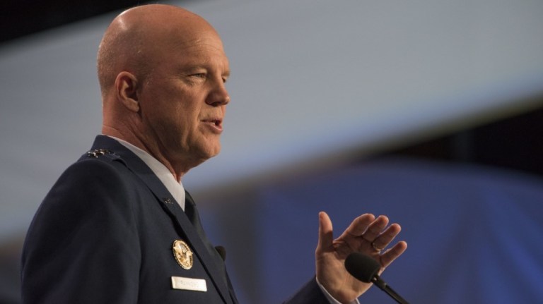 As commander of Air Force Space Command, then-Air Force Gen. Jay Raymond addresses the 34th Space Symposium in Colorado Springs, Colorado, April 17, 2018.