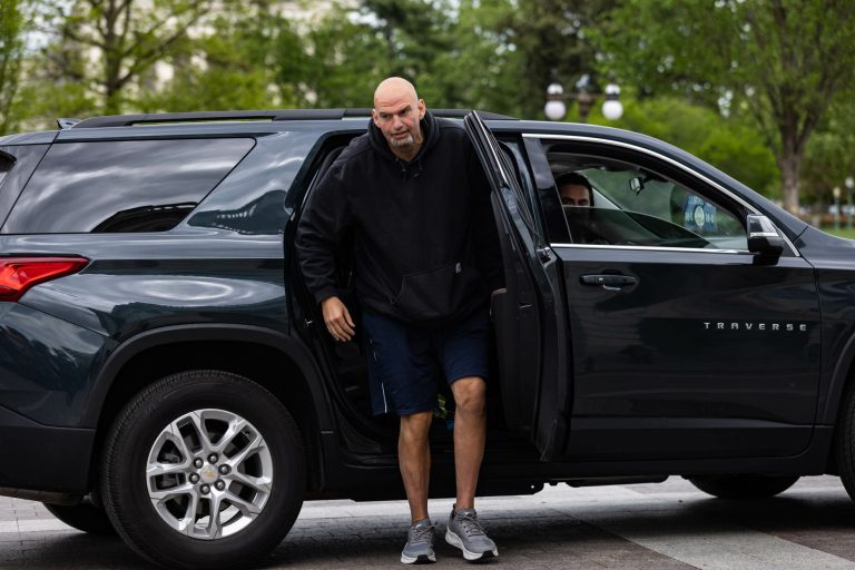 Sen. John Fetterman (D-PA) arrives at the U.S. Capitol as he returns to the Senate on Monday, April 17, 2023, following treatment for clinical depression.